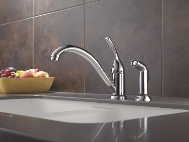 Delta 134 / 100 / 300 / 400 Chrome Single Handle Kitchen Faucet with Spray-1