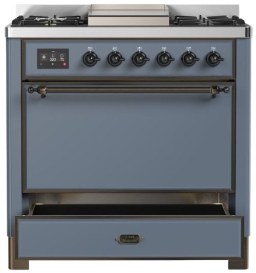 Ilve® Majestic III 36" Blue Gray Pro Style Dual Fuel Liquid Propane Range with Solid Door and Burnished Trim-2