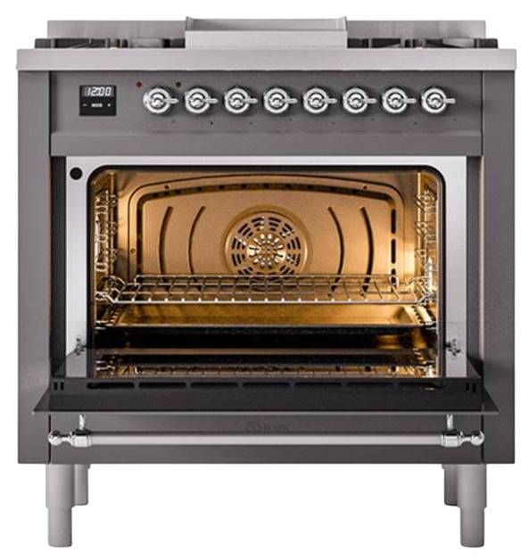 Ilve® Nostalgie II Noblesse 36'' Graphite Matte Pro Style Dual Fuel Range with Chrome Trim-1