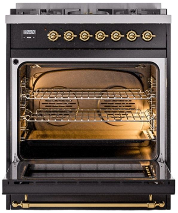 Ilve® Nostalgie II Noblesse 30'' Glossy Black Pro Style Dual Fuel Range with Brass Trim-1