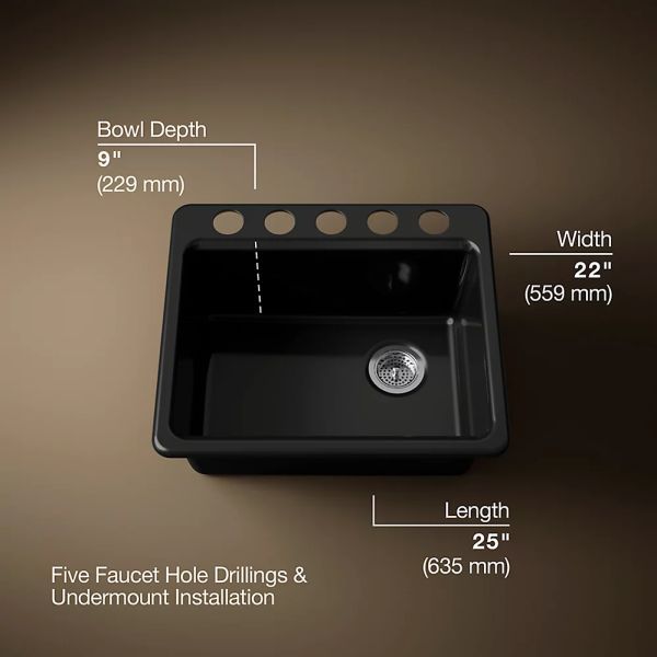 KOHLER® Riverby® Black 25" Undermount Single-Bowl Workstation Kitchen Sink-3