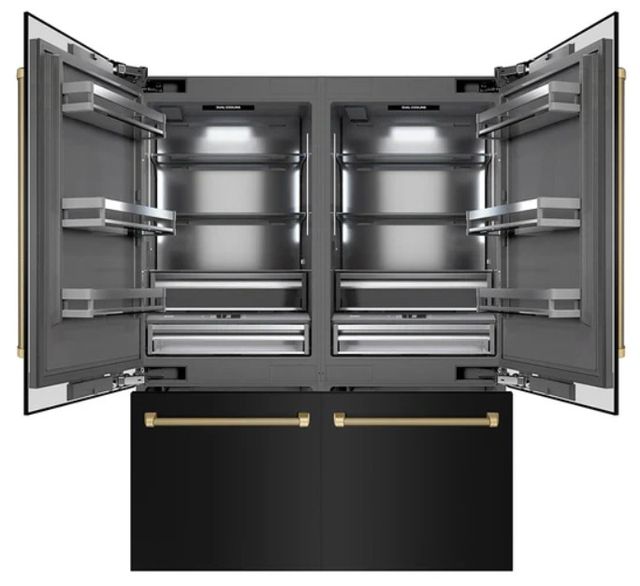 ZLINE Autograph Edition 60" 32.2 Cu. Ft. Black Stainless Steel French Door Built-In Bottom Freezer Refrigerator with Water Dispenser and Ice Maker in Graphite Gray Interior and Champagne Bronze Helix Handles-3
