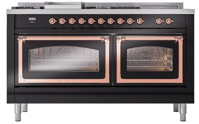 Ilve® Nostalgie II Noblesse 60'' Glossy Black Pro Style Dual Fuel Range with Copper Trim-1