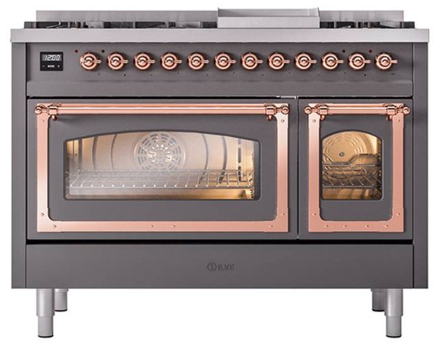 Ilve® Nostalgie II Noblesse 48'' Graphite Matte Pro Style Dual Fuel Range with Copper Trim-1