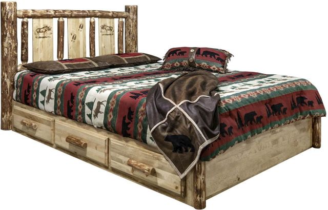 Montana Woodworks® Glacier Country Stained and Lacquered Queen Platform Storage Bed with Laser Engraved Moose Design-0