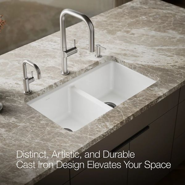KOHLER® Riverby® White 33" Undermount Double-Equal Bowl Workstation Kitchen Sink with Accessories-4