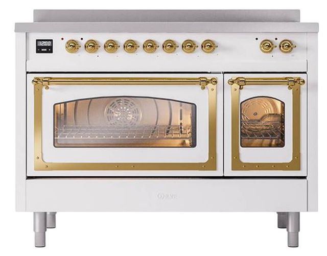 Ilve® Nostalgie II Noblesse 48'' White Pro Style Induction Range with Brass Trim-1