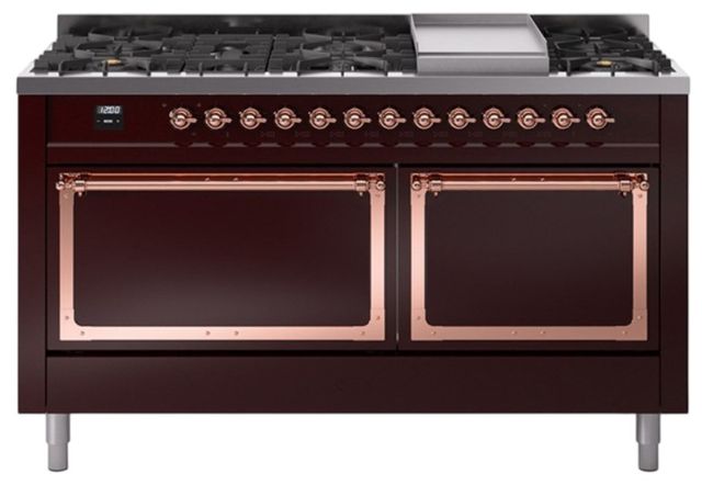Ilve® Nostalgie II Noblesse 60'' Burgundy Pro Style Dual Fuel Range with Copper Trim-0