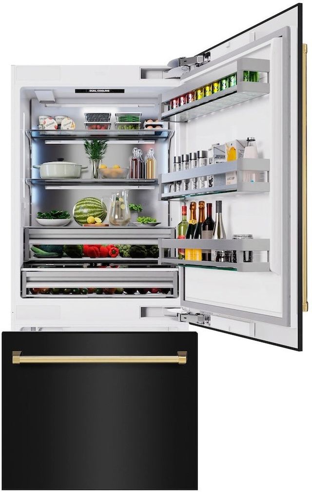 ZLINE Autograph Edition 36" 19.8 Cu. Ft. Black Stainless Steel Built-In Bottom Freezer Refrigerator with Water Dispenser, Ice Maker and Polished Gold Accents-3
