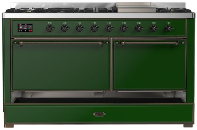 Ilve® Majestic III 60" Emerald Green Pro Style Dual Fuel Liquid Propane Range with Solid Door and Burnished Trim-1