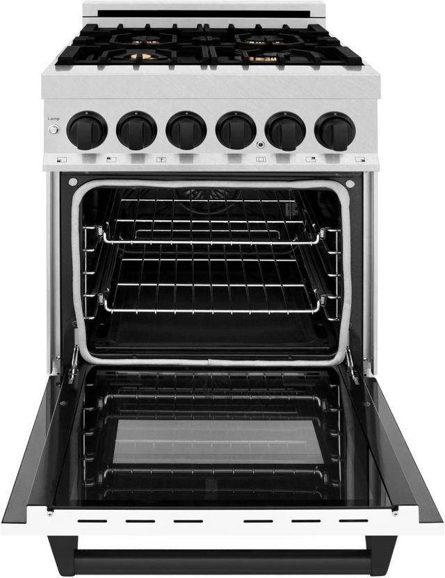 ZLINE Autograph Edition Legacy 24" Satin Stainless Steel Pro Style Dual Fuel Range with White Matte Door and Matte Black Accents-1