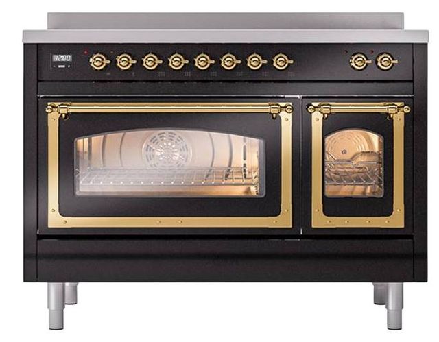 Ilve® Nostalgie II Noblesse 48'' Glossy Black Pro Style Induction Range with Brass Trim-1