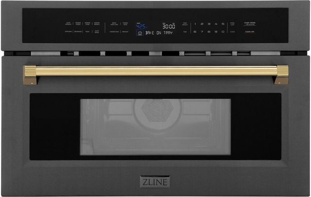 ZLINE Autograph Edition 30" 1.6 Cu. Ft. Black Stainless Steel Built-in Convection Microwave Oven with Polished Gold Accents-0
