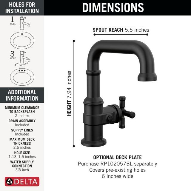 Delta Broderick® Matte Black Single Side Cross Handle Bathroom Faucet with Drain-1