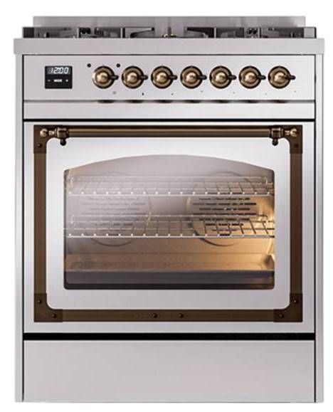 Ilve® Nostalgie II Noblesse 30" Stainless Steel Pro Style Dual Fuel Range with Burnished Trim-1