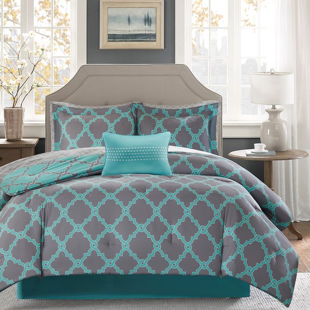 Olliix by Madison Park Essentials Merritt Aqua Grey King Reversible Complete Comforter and Cotton Sheet Set-3