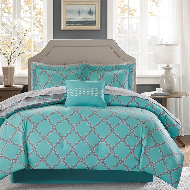 Olliix by Madison Park Essentials Merritt Aqua Grey Queen Reversible Complete Comforter and Cotton Sheet Set-2
