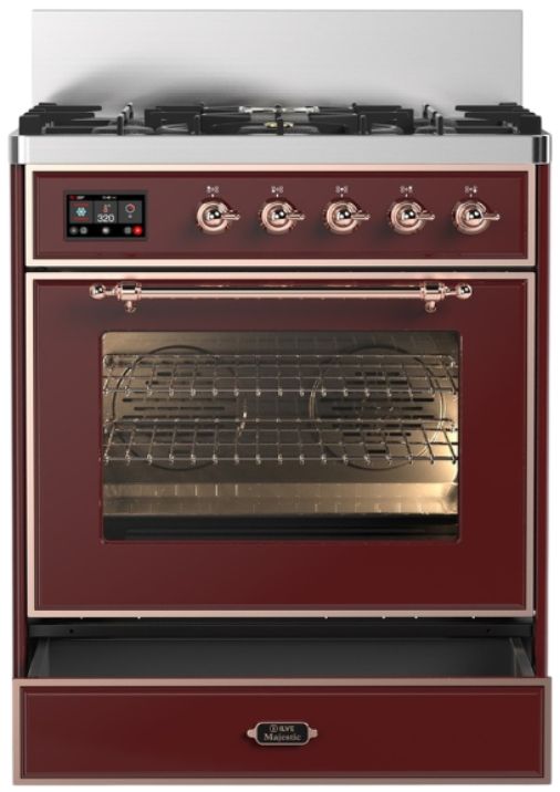Ilve® Majestic III 30" Burgundy Pro Style Dual Fuel Natural Gas Range with Triple Glass Door and Copper Trim-1