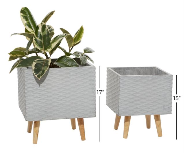 Deco Marche Gray Ceramic Indoor Outdoor Planter with Wood Tripod Legs-2