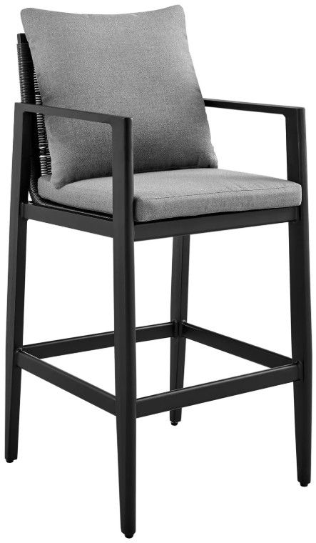 Armen Living Cayman 3-Piece Black/Gray Metal/Rattan Outdoor Barstool Set-0