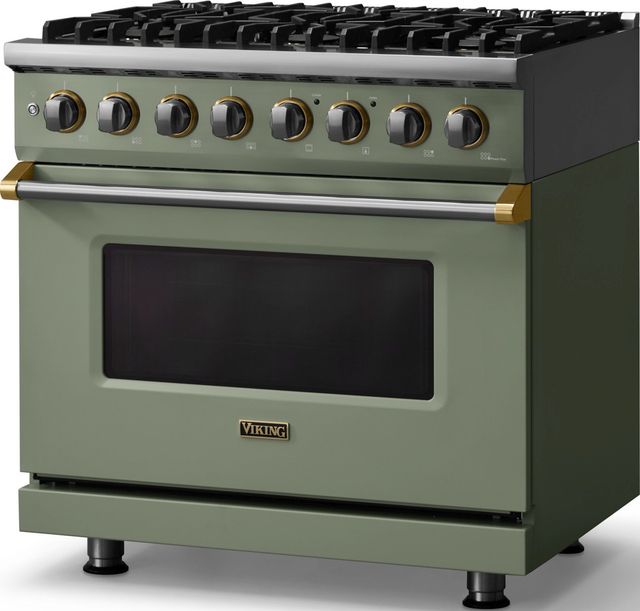 Viking® 5 Series 36" Eucalyptus Pro Style Dual Fuel (NG) Range with Brushed Brass Trim-3