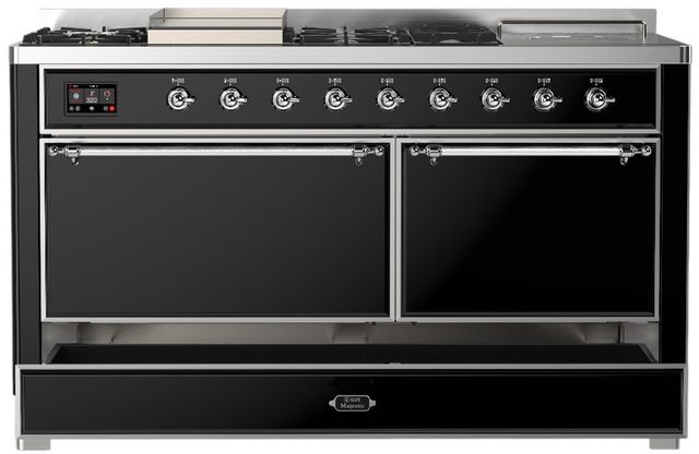 Ilve® Majestic III 60" Glossy Black Pro Style Dual Fuel Natural Gas Range with Griddle and Chrome Trim-2