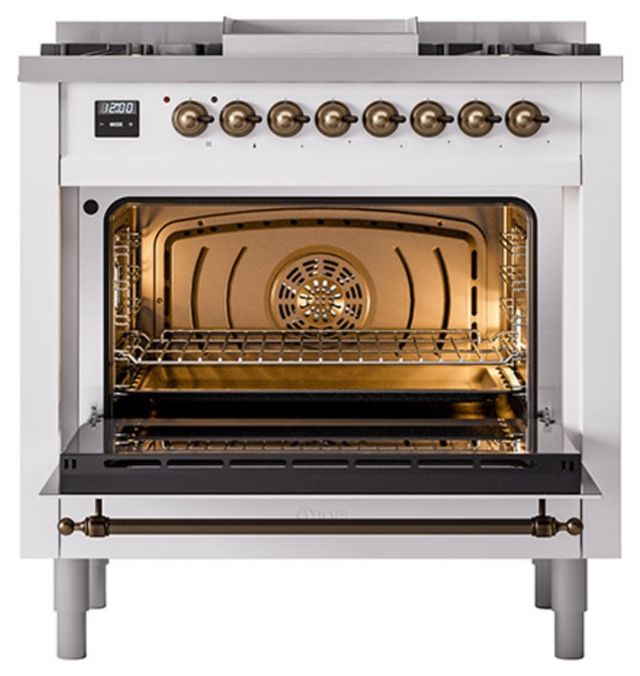 Ilve® Nostalgie II Noblesse 36'' White Pro Style Dual Fuel Range with Burnished Trim-2