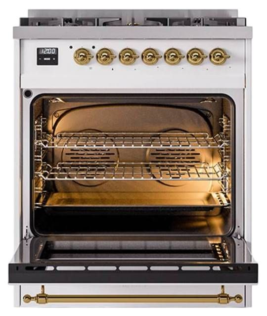 Ilve® Nostalgie II Noblesse 30'' White Pro Style Dual Fuel Range with Brass Trim-1