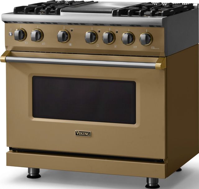 Viking® 5 Series 36" Golden Hour Pro Style Dual Fuel (NG) Range with Brushed Brass Trim-3