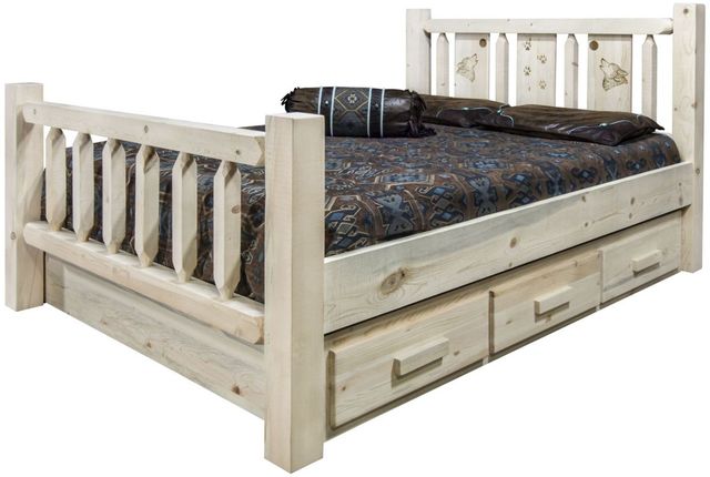 Montana Woodworks® Homestead Clear Lacquer Queen Storage Bed with Laser Engraved Wolf Design-3
