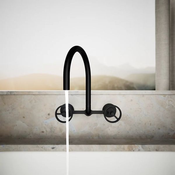 KOHLER® Billet® Matte Black 12" 2-Hole Wall-Mount Bridge Kitchen Sink Faucet with Round Handles-2