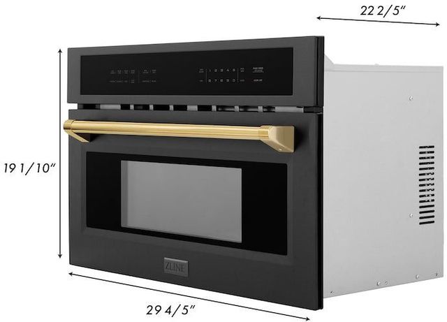 ZLINE Autograph Edition 30" 1.6 Cu. Ft. Black Stainless Steel Built-in Convection Microwave Oven with Polished Gold Accents-2