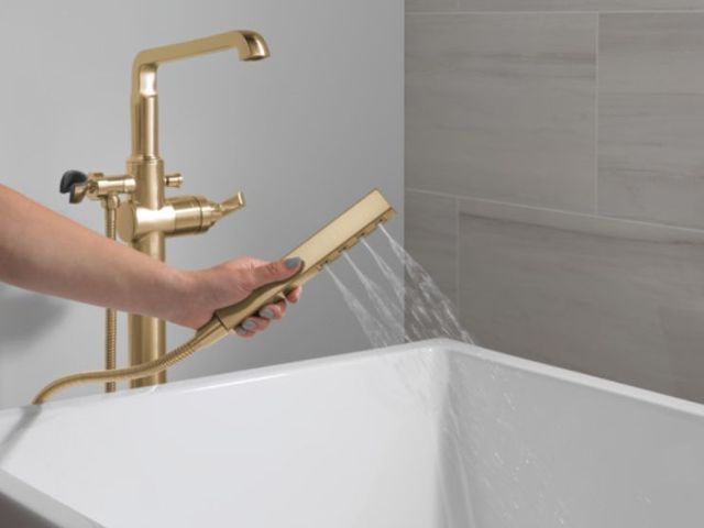 Delta Tetra® Lumicoat® Champagne Bronze Single Handle LHP Floor Mount Tub Filler Trim-2