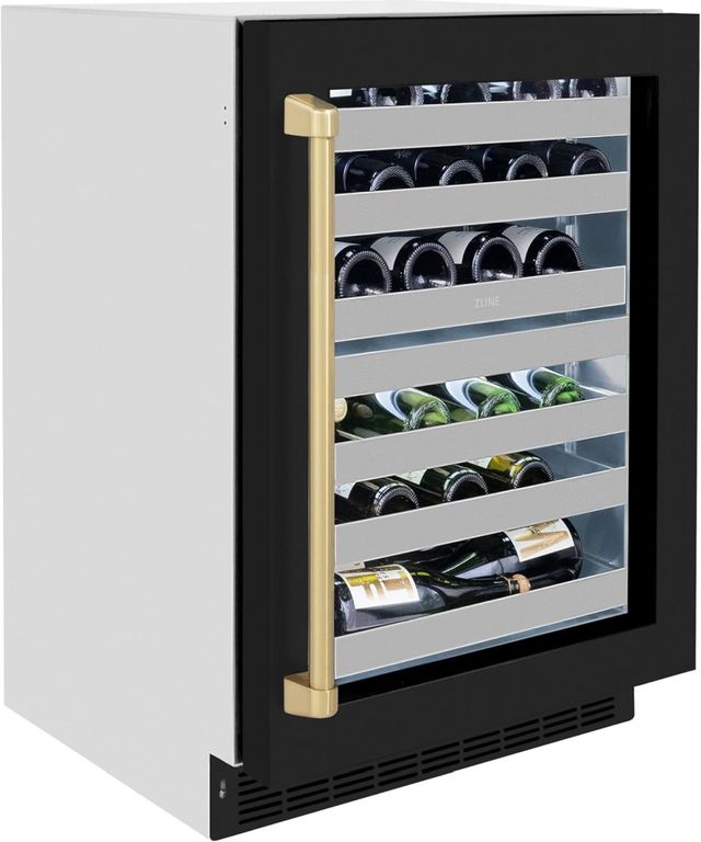 ZLINE Autograph Edition Touchstone 24" 4.8 Cu. Ft. Stainless Steel Wine Cooler with Black Matte Glass Door and Champagne Bronze Handle-2