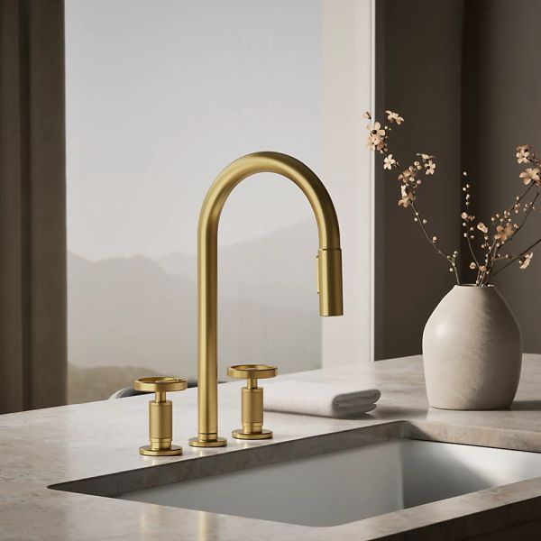 KOHLER® Billet® Vibrant Brushed Moderne Brass Kitchen Sink Faucet with 2-Function Sprayhead and Round Handles-1