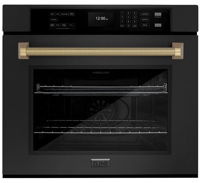 ZLINE Autograph Edition Professional 30" Black Stainless Steel True Convection Single Wall Oven with Air Fry and Self Clean with Champagne Bronze Helix Handle -0