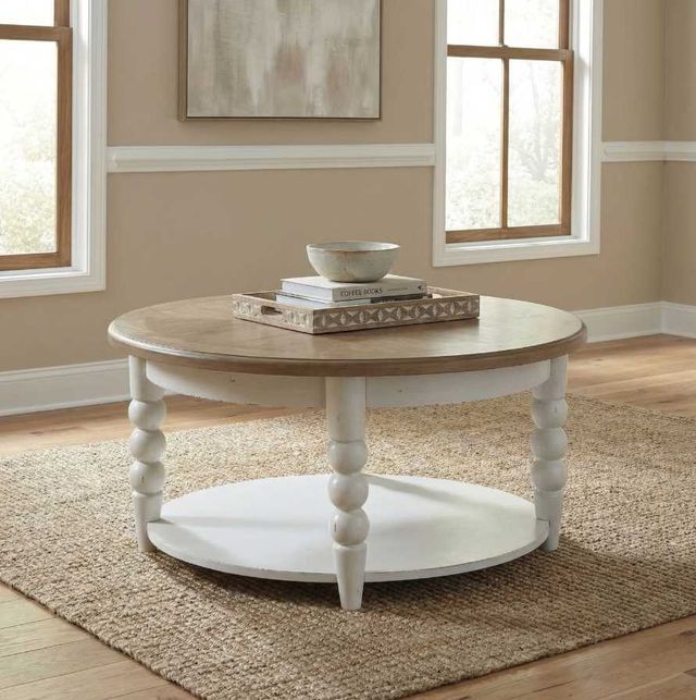 Liberty Furniture Turnberry Park Toasted Oat Round Cocktail Table with Washed White Base-1