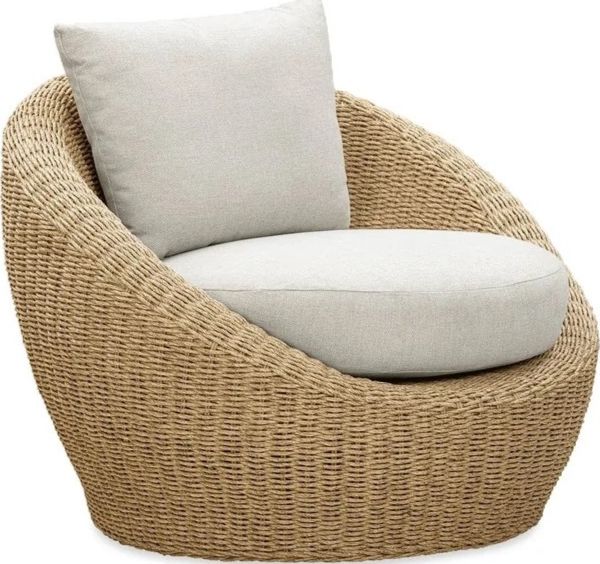LH Home Siesta Natural Wicker Outdoor Round Club Chair with Beige Olefin Fabric Cushions-0
