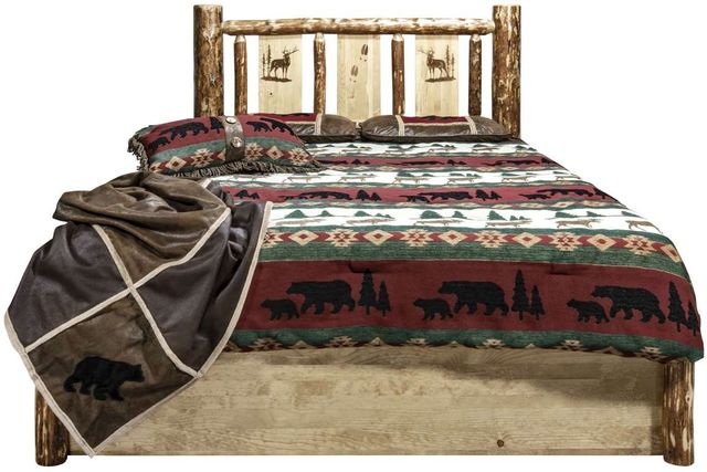Montana Woodworks® Glacier Country Stained and Lacquered California King Platform Storage Bed with Laser Engraved Elk Design-1