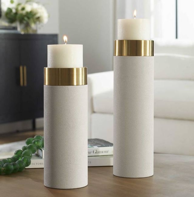 Uttermost® Wessex 2-Piece Antique Brushed Brass/White Pillar Candleholders Set-1