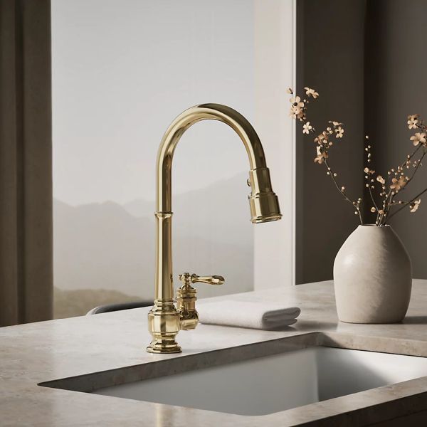 KOHLER® Artifacts® Vibrant French Gold Kitchen Sink Faucet with 3-Function Sprayhead and Unique Handle-1