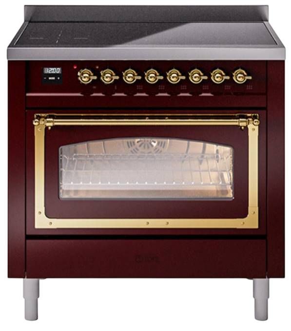 Ilve® Nostalgie II Noblesse 36'' Burgundy Pro Style Induction Range with Brass Trim-0