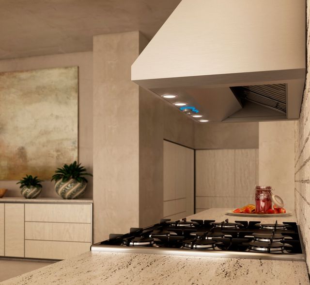 Close view of an Elicia pro range hood mounted to the wall over a gas cooktop Close view of an Elicia pro range hood mounted to the wall over a gas cooktop