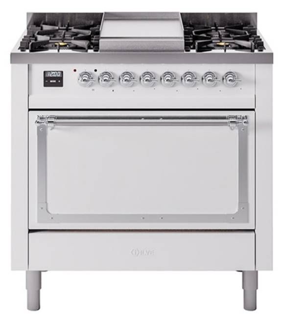 Ilve® Nostalgie II Noblesse 36'' White Pro Style Dual Fuel Range with Chrome Trim-0