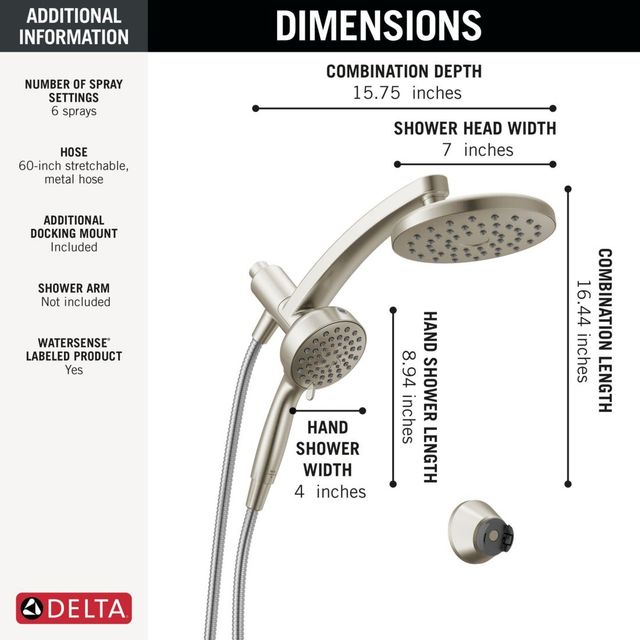 Delta Universal Showering PivotPro™ Spotshield Brushed Nickel 3-in-1 Combination Shower with Docking Mount for Hand Shower-2