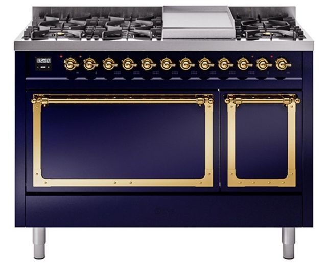 Ilve® Nostalgie II Noblesse 48'' Midnight Blue Pro Style Dual Fuel Range with Brass Trim-0