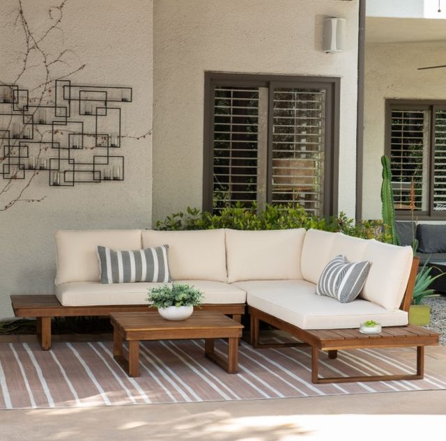 Linon Sea Breeze 4-Piece Beige/Brown Wooden Outdoor Loveseats with Cushions and Corner Table Set-1