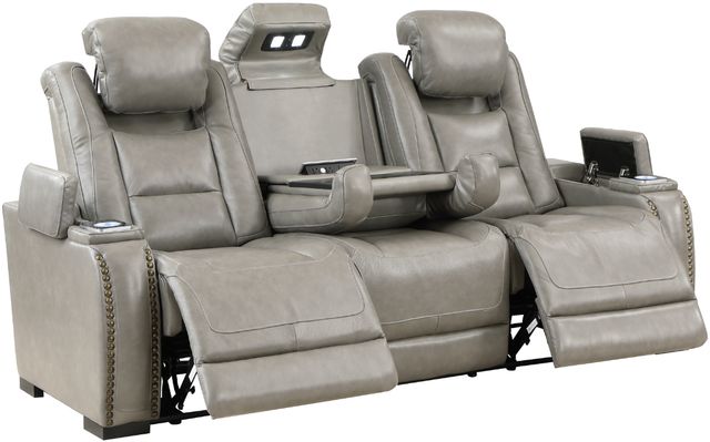 New Classic® Home Furnishings Breckenridge Light Gray Leather Sofa with Power Headrest and Footrest-2
