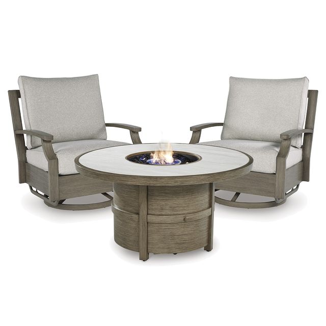 Signature Design by Ashley® Rainier Ranch Beige/Brown Aluminum Outdoor Round Fire Pit Table and Two Swivel Chairs-0