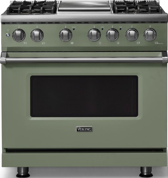 Viking® 5 Series 36" Eucalyptus Pro Style Dual Fuel (NG) Range with Polished Chrome Trim-0